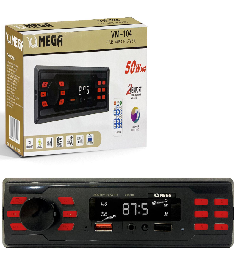 MEGA VM-104 Oto Teyp 4X50 Watt Bluetooth 2xUsb Sd Fm Aux 7 Renk MEGA VM-104 Oto Teyp 4X50 Watt Bluetooth 2xUsb Sd Fm Aux 7 Renk