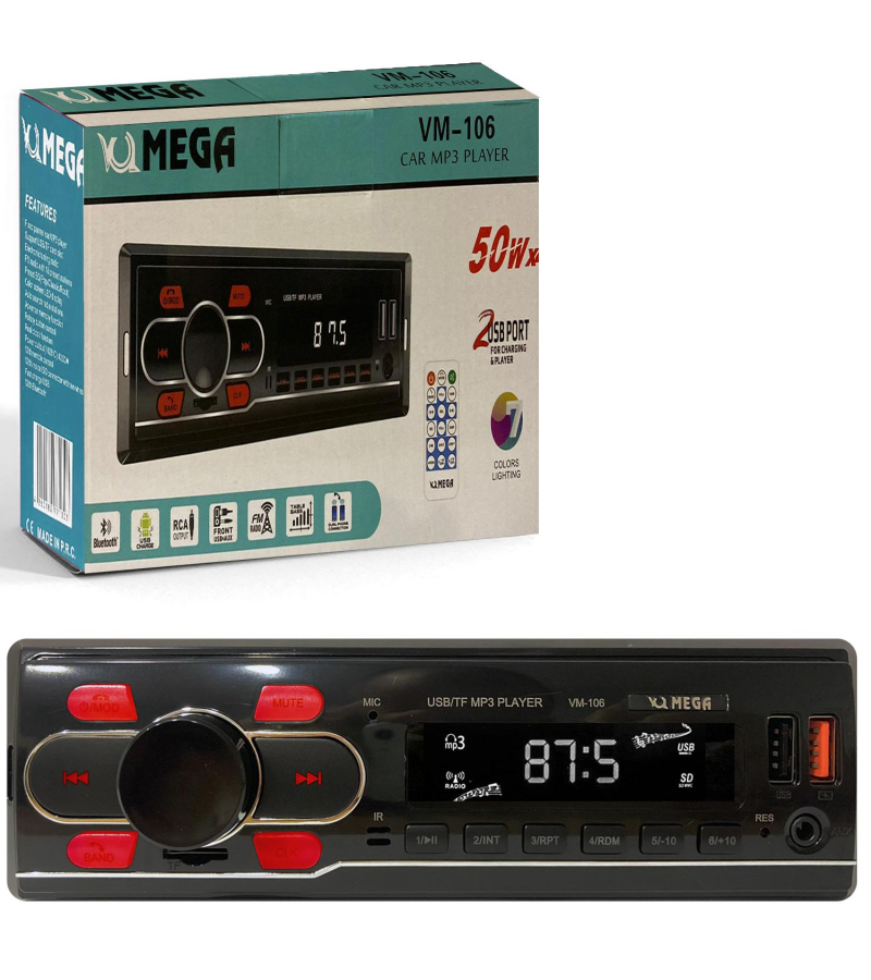 MEGA VM-106 Oto Teyp 4X50 Watt Bluetooth 2xUsb Sd Fm Aux 7 Renk MEGA VM-106 Oto Teyp 4X50 Watt Bluetooth 2xUsb Sd Fm Aux 7 Renk