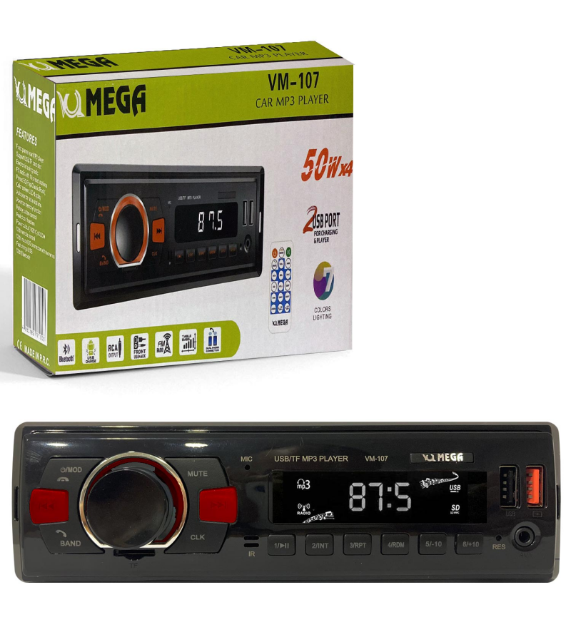 MEGA VM-107 Oto Teyp 4X50 Watt Bluetooth 2xUsb Sd Fm Aux 7 Renk MEGA VM-107 Oto Teyp 4X50 Watt Bluetooth 2xUsb Sd Fm Aux 7 Renk