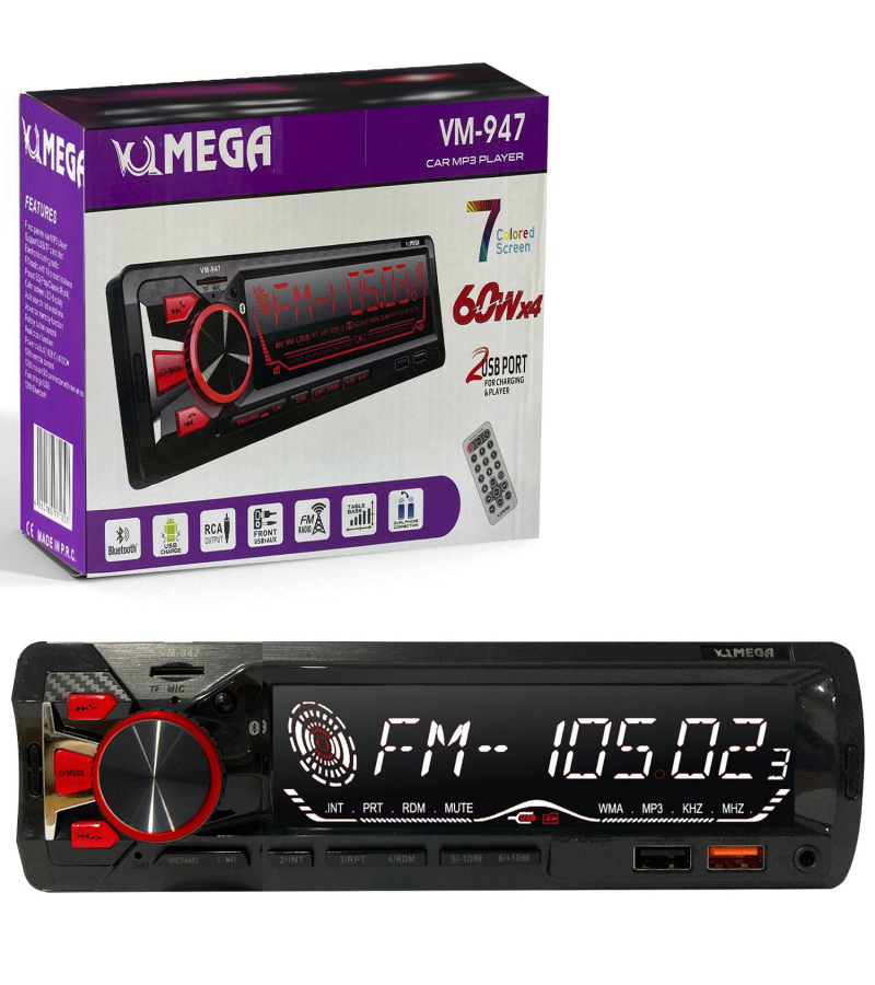 MEGA VM-947 Oto Teyp 4X60 Watt Bluetooth Büyük Ekran 2xUsb Sd Fm Aux 7 Renk MEGA VM-947 Oto Teyp 4X60 Watt Bluetooth Büyük Ekran 2xUsb Sd Fm Aux 7 Renk