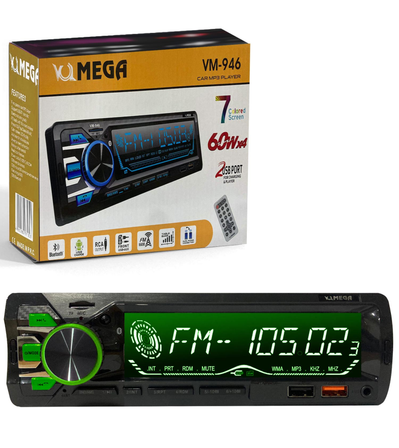 MEGA VM-946 Oto Teyp 4X60 Watt Bluetooth Büyük Ekran 2xUsb Sd Fm Aux 7 Renk MEGA VM-946 Oto Teyp 4X60 Watt Bluetooth Büyük Ekran 2xUsb Sd Fm Aux 7 Renk