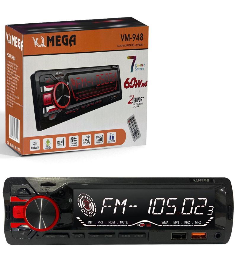 MEGA VM-948 Oto Teyp 4X60 Watt Bluetooth Büyük Ekran 2xUsb Sd Fm Aux 7 Renk MEGA VM-948 Oto Teyp 4X60 Watt Bluetooth Büyük Ekran 2xUsb Sd Fm Aux 7 Renk