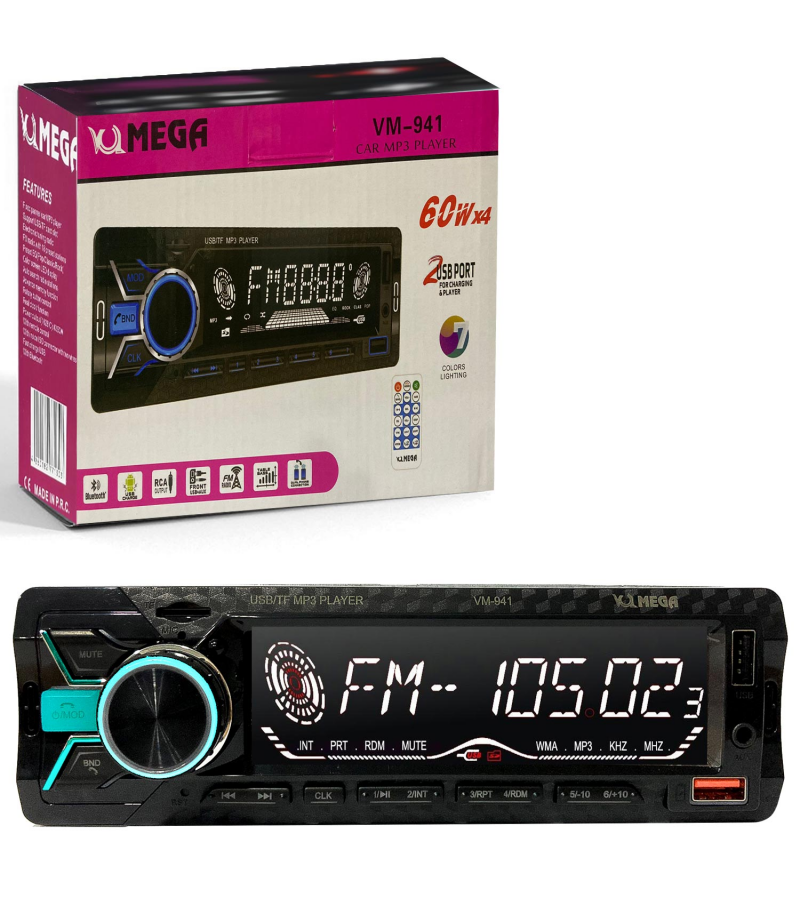 MEGA VM-941 Oto Teyp 4X60 Watt Bluetooth Büyük Ekran 2xUsb Sd Fm Aux 7 Renk MEGA VM-941 Oto Teyp 4X60 Watt Bluetooth Büyük Ekran 2xUsb Sd Fm Aux 7 Renk
