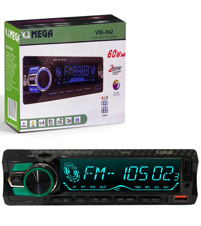MEGA VM-942 Oto Teyp 4X60 Watt Bluetooth Büyük Ekran 2xUsb Sd Fm Aux 7 Renk MEGA VM-942 Oto Teyp 4X60 Watt Bluetooth Büyük Ekran 2xUsb Sd Fm Aux 7 Renk
